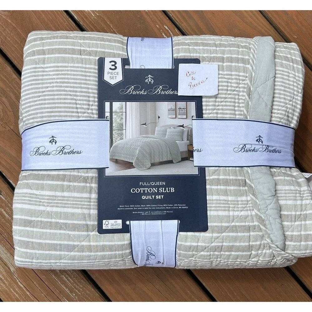 Brooks Brothers Cotton Slub Quilt Sham Set Full Queen Green Stripes 3 Pc Set New